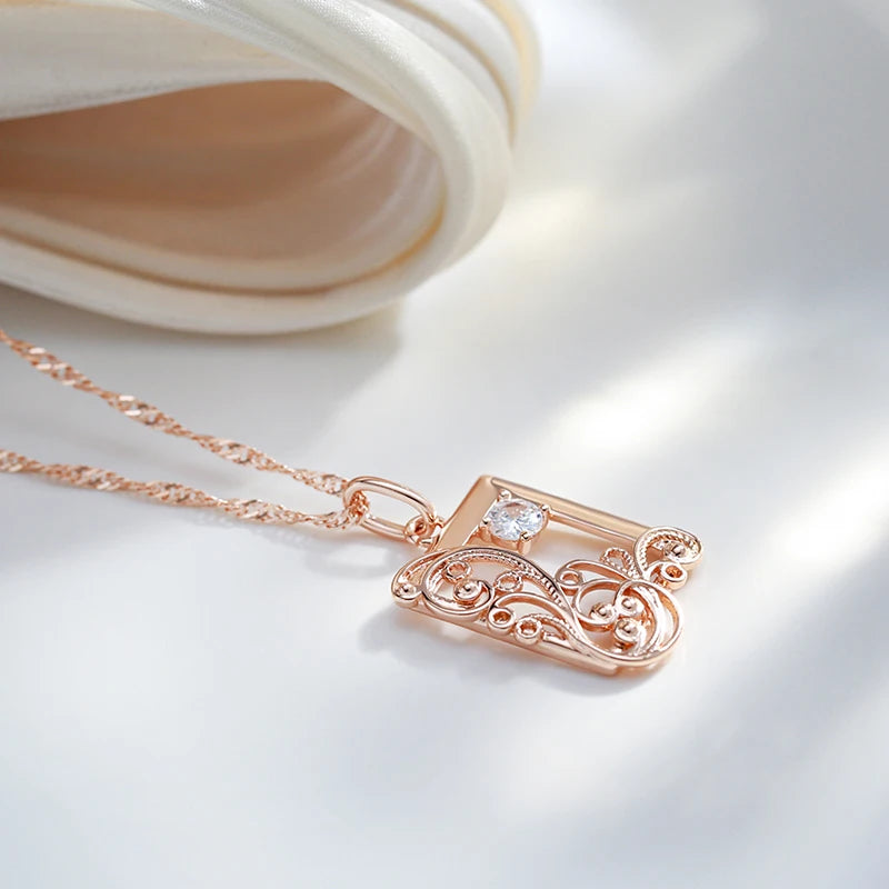 Colar Feminino Cobre Quadrado Arabesco Floral Zircônia Ouro Rosé 585