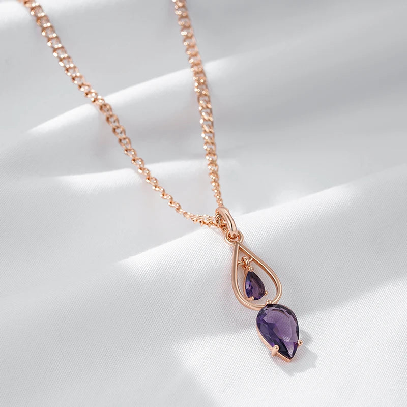 Colar Feminino Cobre Dupla Gota Zircônia Roxa Ametista Ouro Rosé