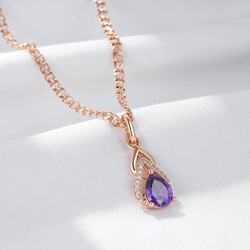 Colar Feminino Cobre Ametista Gota Laço Zircônia Ouro Rosé 585