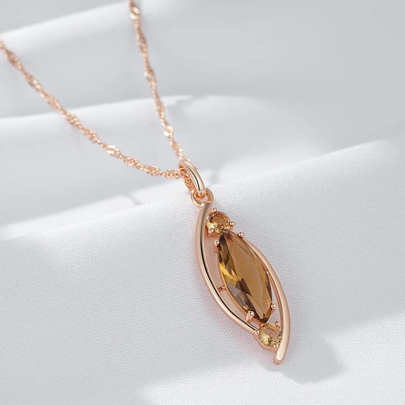 Colar Feminino Cobre Citrino Marquise Moldura Curva Âmbar Ouro Rosé 585