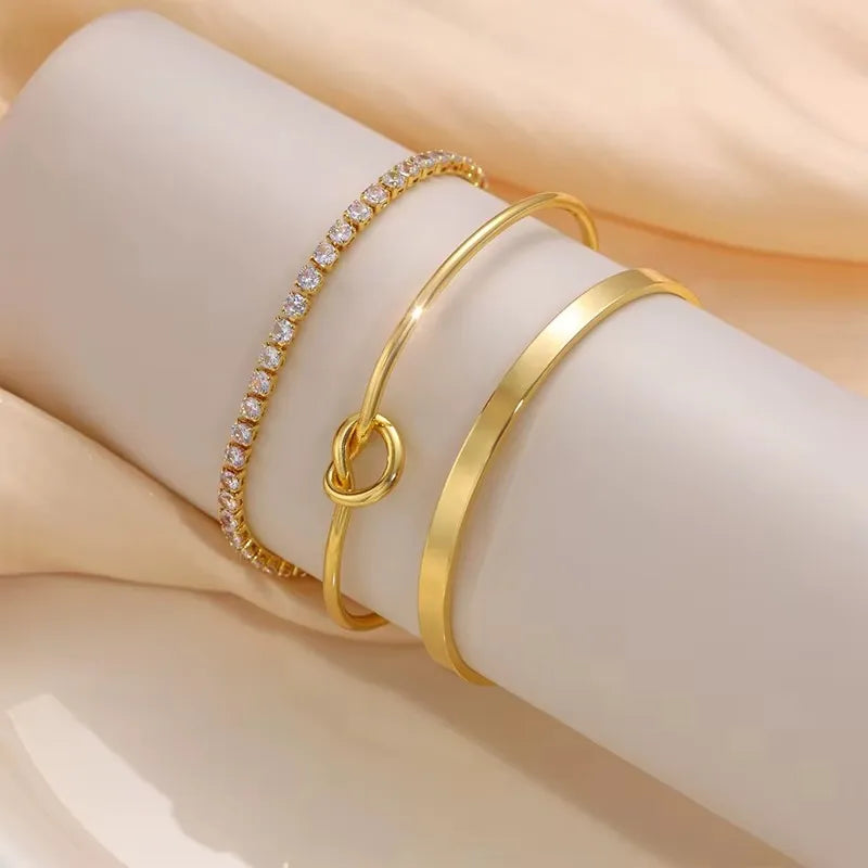 Kit 3 Pulseiras Femininas Luxo com Zircônias em Aço Inoxidável