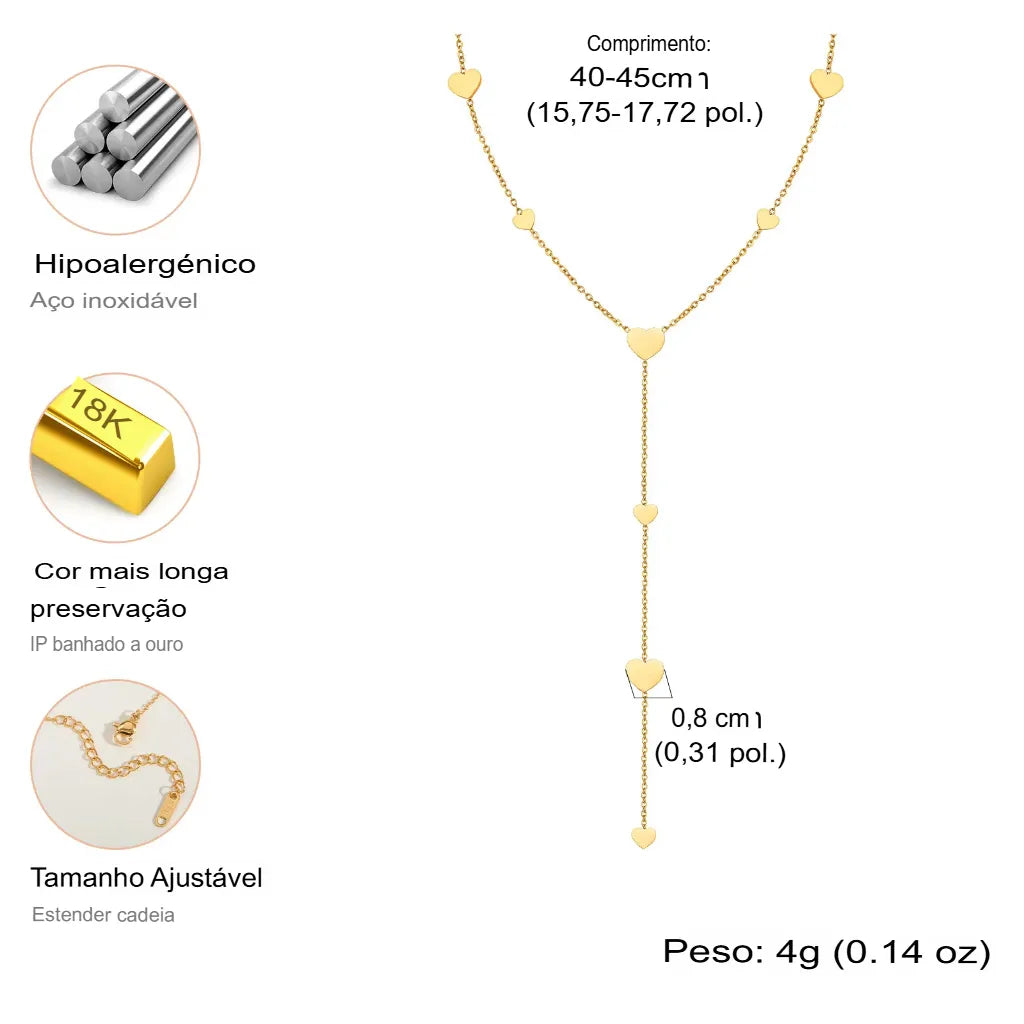 Colar Feminino Lariat Y Coração Gota Em Aço Inoxidável