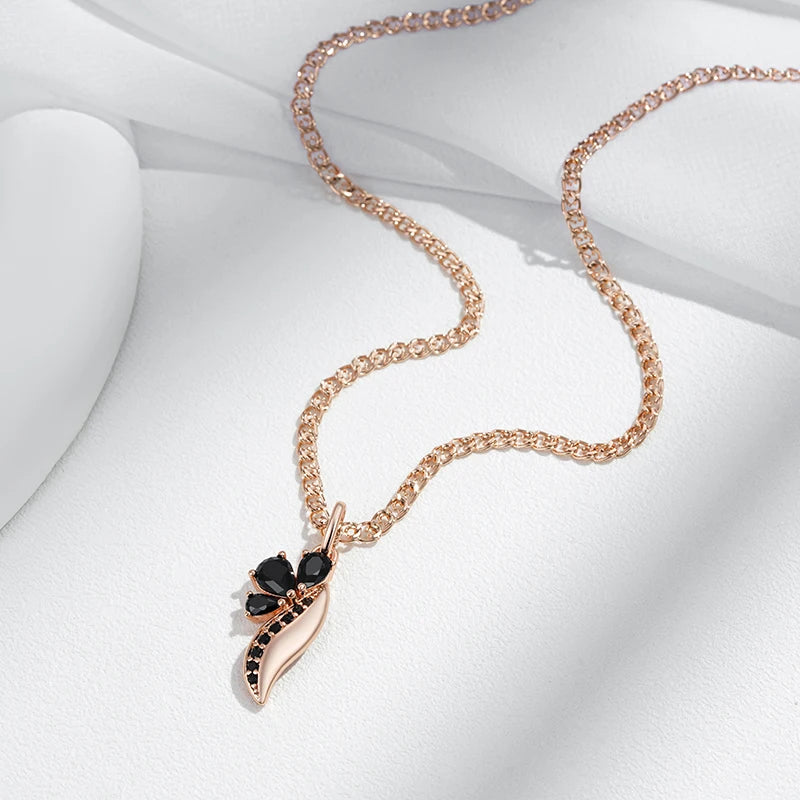 Colar Feminino Cobre Flor Ônix Folha Zircônia Preta Ouro Rosé 585