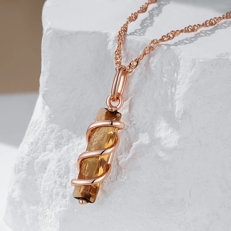 Colar Feminino Cobre Citrino Retangular Fita Torcida Escultural Âmbar Ouro Rosé 585