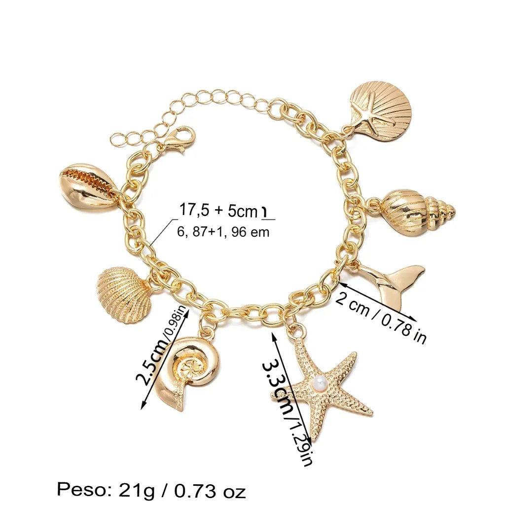 Pulseira Feminina Praia Concha Estrela Do Mar Em Aço Inoxidável