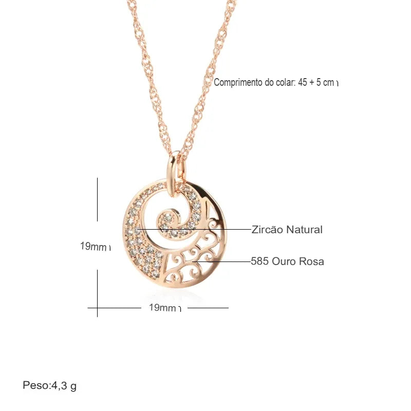 Colar Feminino Cobre Medalhão Espiral Zircônia Filigrana Ouro Rosé 585