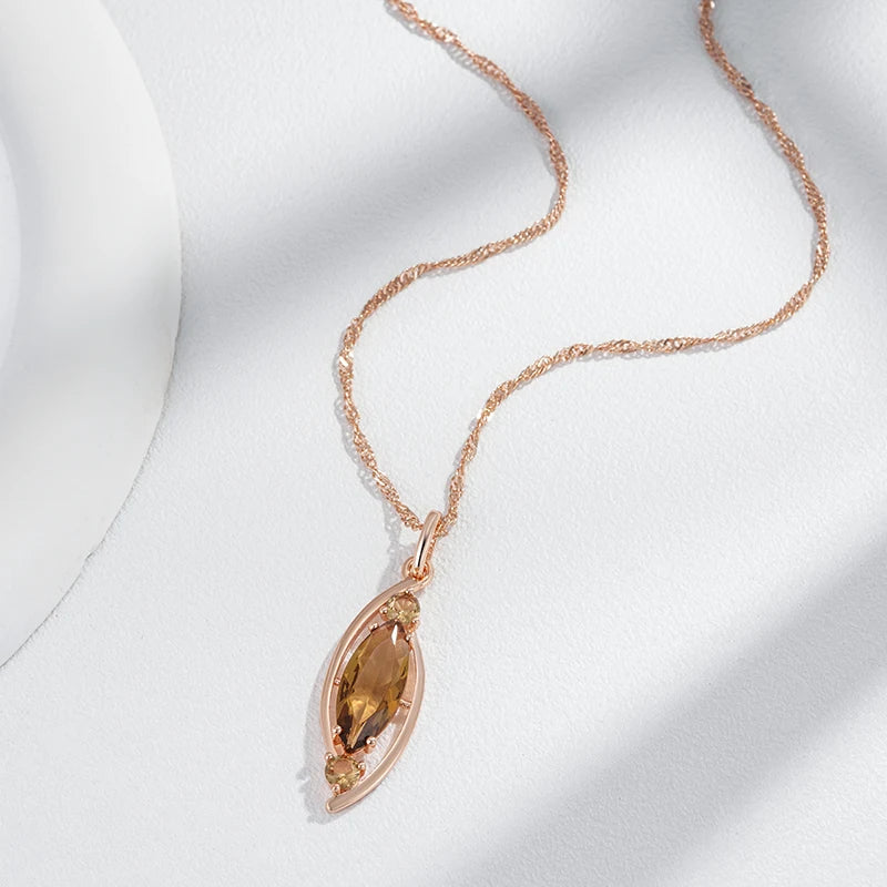 Colar Feminino Cobre Citrino Marquise Moldura Curva Âmbar Ouro Rosé 585