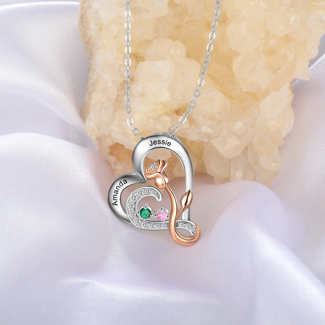 925 prata esterlina personalizado gravado nome coração pingente com birthstone rosa flor personalizado colar presentes de natal