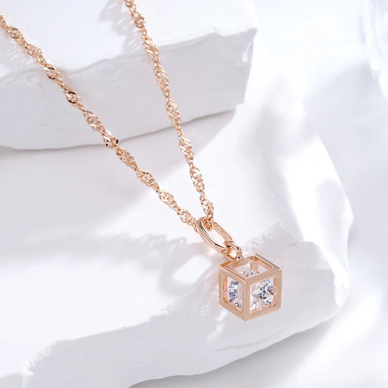Colar Feminino Cobre Cubo Zircônia Cristal Geométrico Ouro Rosé