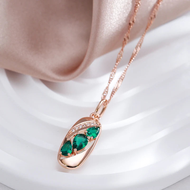 Colar Feminino Cobre Oval Esmeralda Verde Gota Zircônia Cristal Ouro Rosé