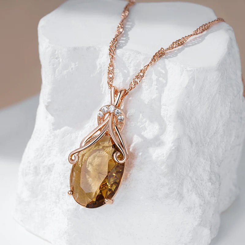 Colar Feminino Cobre Citrino Oval Âmbar Bail Arabesco Zircônia Ouro Rosé 585