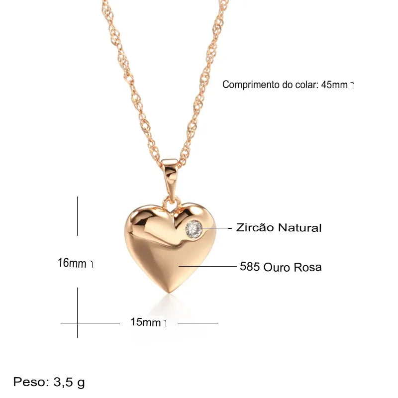 Colar Feminino Cobre Coração 3D Volumoso Polido Zircônia Solitária Ouro Rosé 585