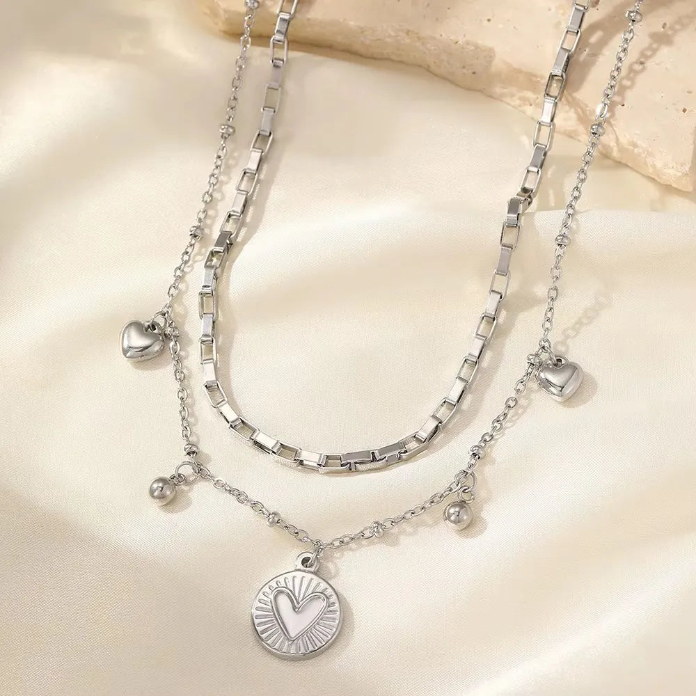 Colar Feminino Coração Dupla Camada Luxo Em Aço Inoxidável
