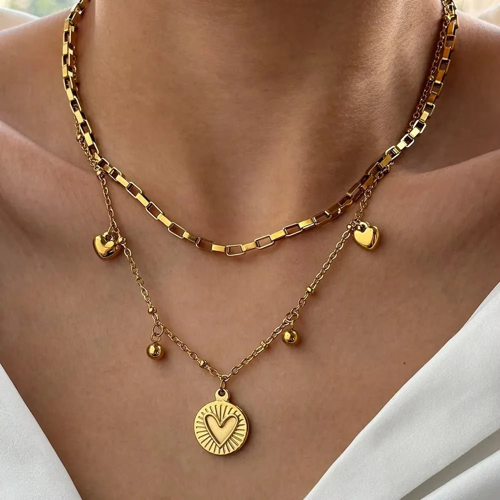 Colar Feminino Coração Dupla Camada Luxo Em Aço Inoxidável