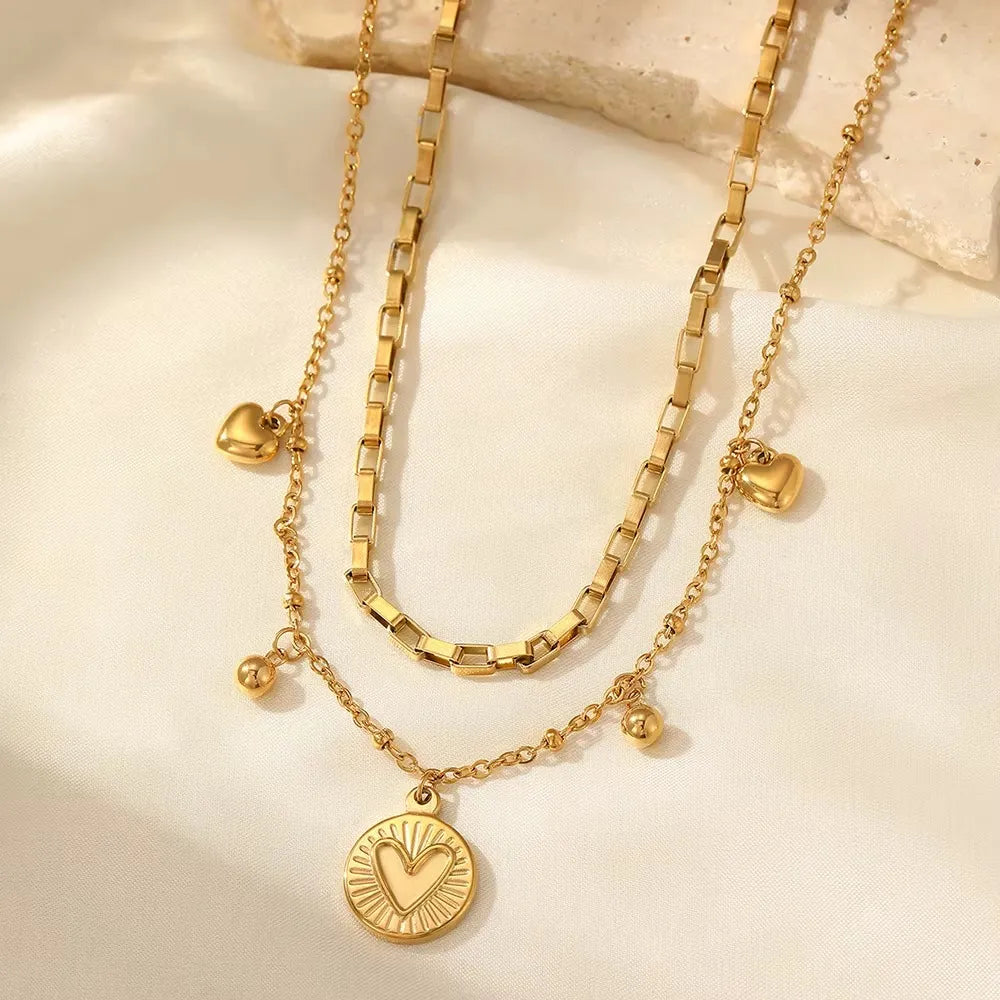 Colar Feminino Coração Dupla Camada Luxo Em Aço Inoxidável