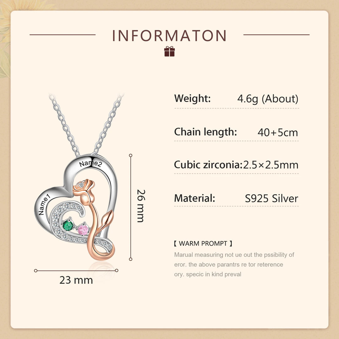 925 prata esterlina personalizado gravado nome coração pingente com birthstone rosa flor personalizado colar presentes de natal