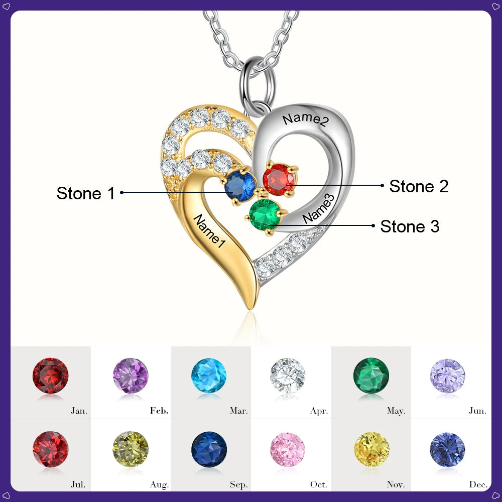 925 prata esterlina personalizado coração colar com 1-5 birthstones personalizado gravado nome das mães pingentes presentes do ano novo