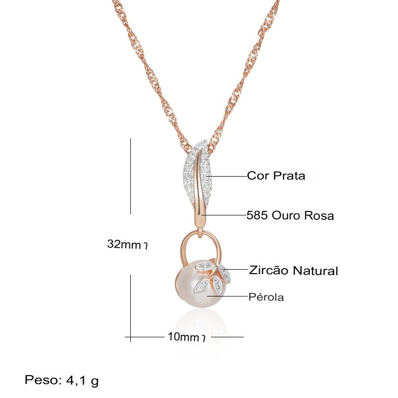 Colar Feminino Cobre Folha Pavê Pérola Branca Ouro Rosé