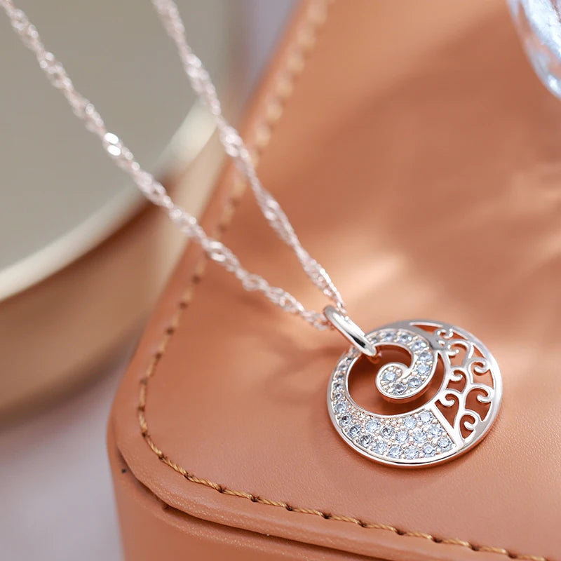 Colar Feminino Cobre Medalhão Espiral Zircônia Filigrana Ouro Rosé 585