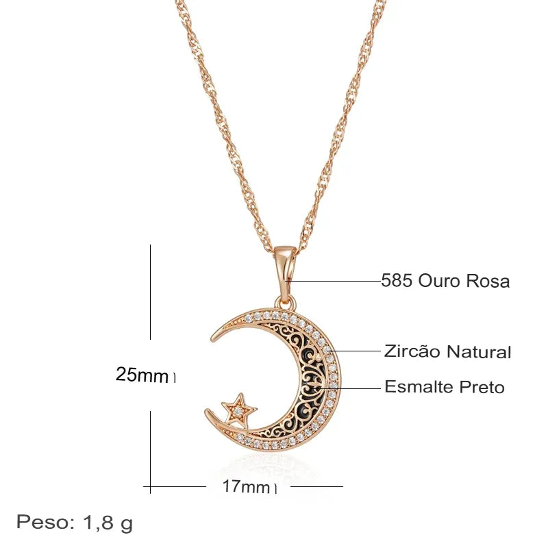 Colar Feminino Cobre Lua Crescente Estrela Filigrana Pavê Ouro Rosé 585