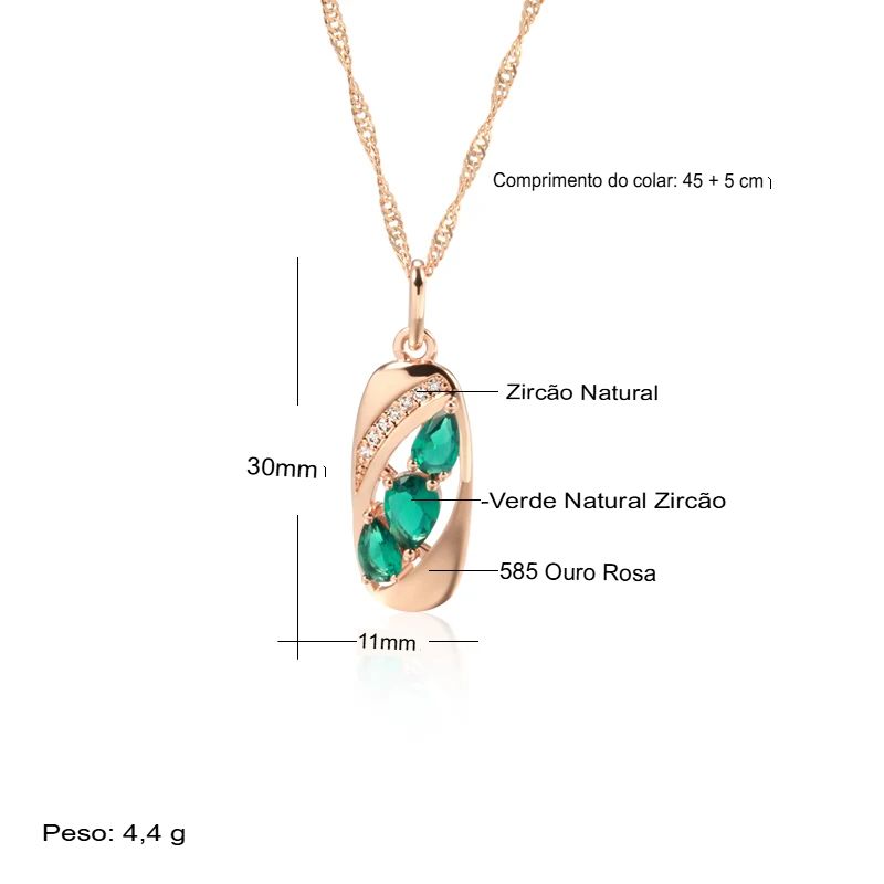 Colar Feminino Cobre Oval Esmeralda Verde Gota Zircônia Cristal Ouro Rosé