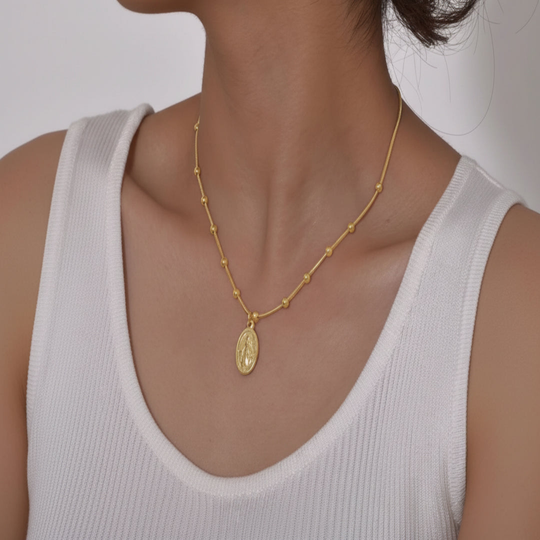 Kit Colar e Pulseira Nossa Senhora das Graças Medalha Oval Aço Inoxidável 316