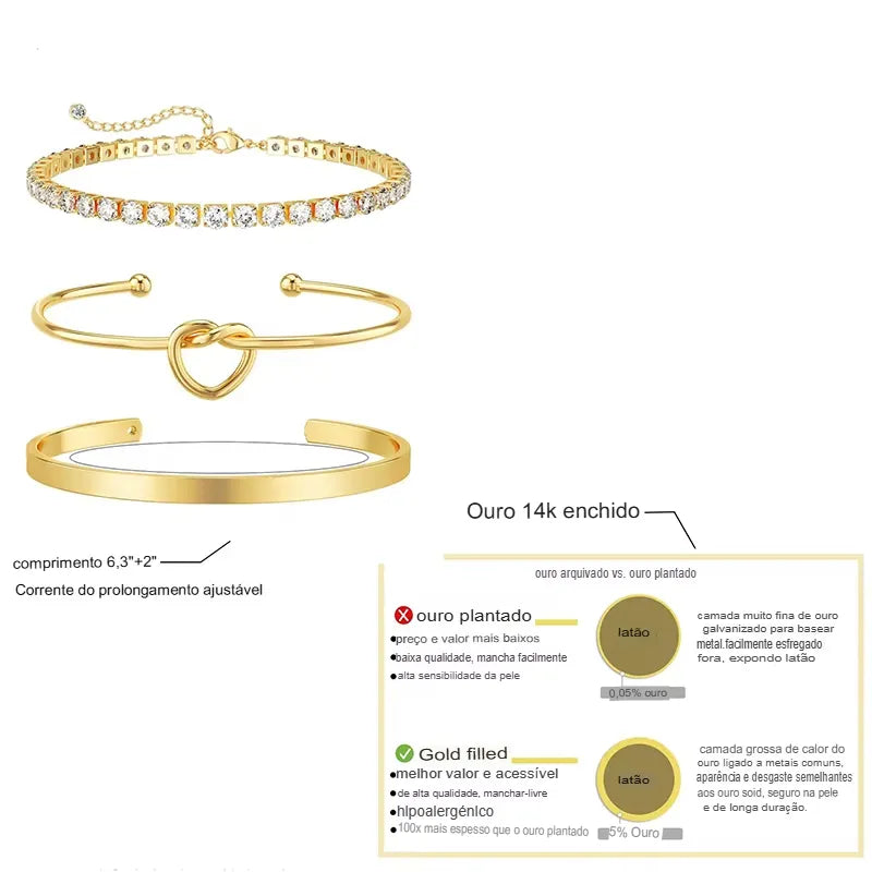 Kit 3 Pulseiras Femininas Luxo com Zircônias em Aço Inoxidável