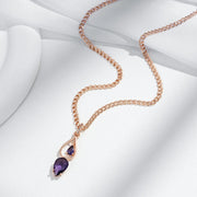 Colar Feminino Cobre Dupla Gota Zircônia Roxa Ametista Ouro Rosé
