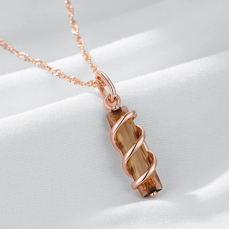 Colar Feminino Cobre Citrino Retangular Fita Torcida Escultural Âmbar Ouro Rosé 585