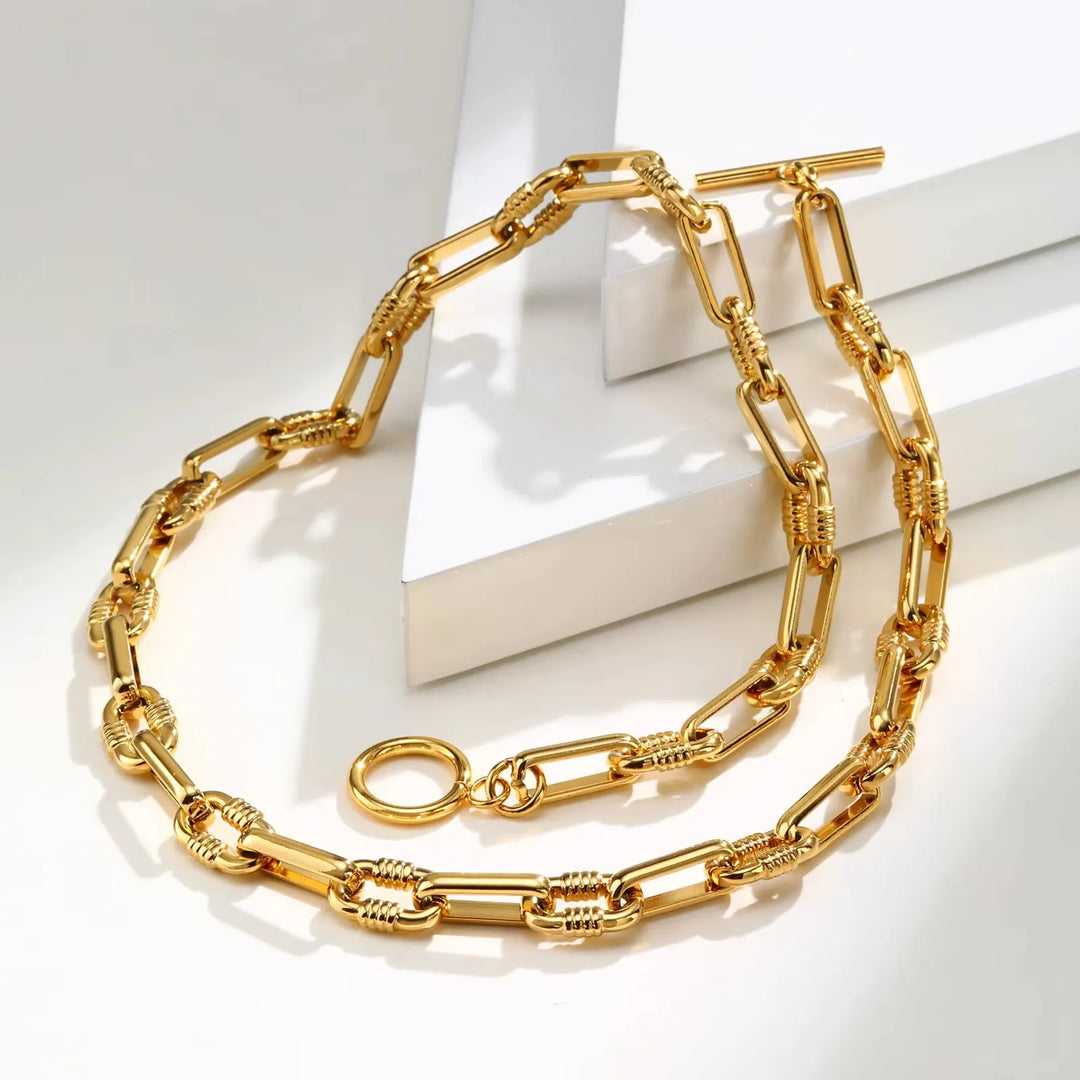 Colar Feminino Corrente Oval Fecho Toggle Banhado Ouro 18k