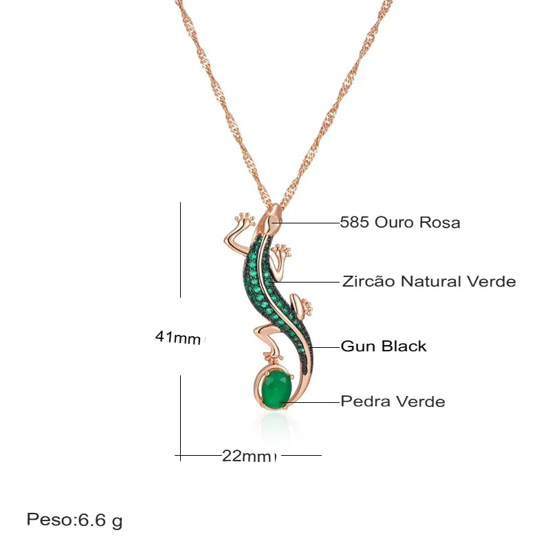 Colar Feminino Cobre Lagarto Esmeralda Zircônia Verde Ouro Rosé 585