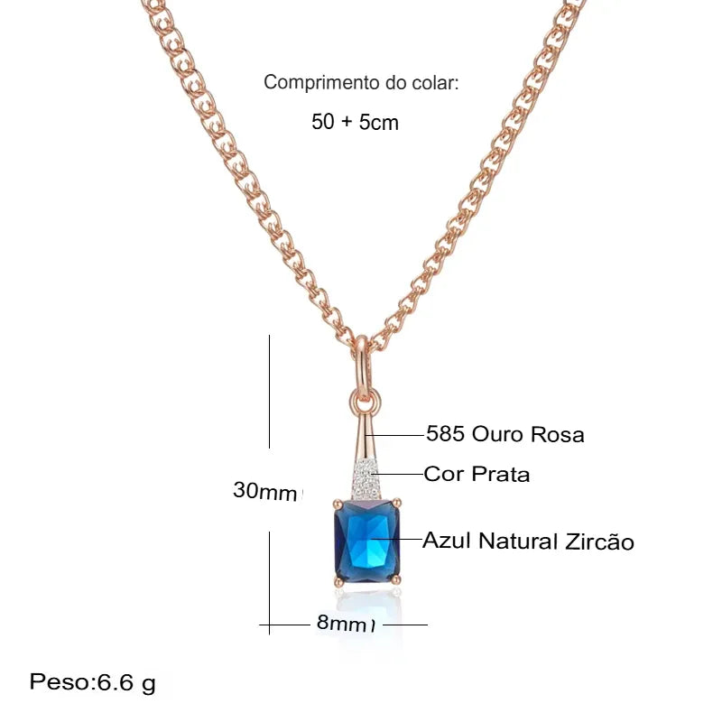 Colar Feminino Cobre Safira Quadrada Solitário Bail Zircônia Ouro Rosé 585