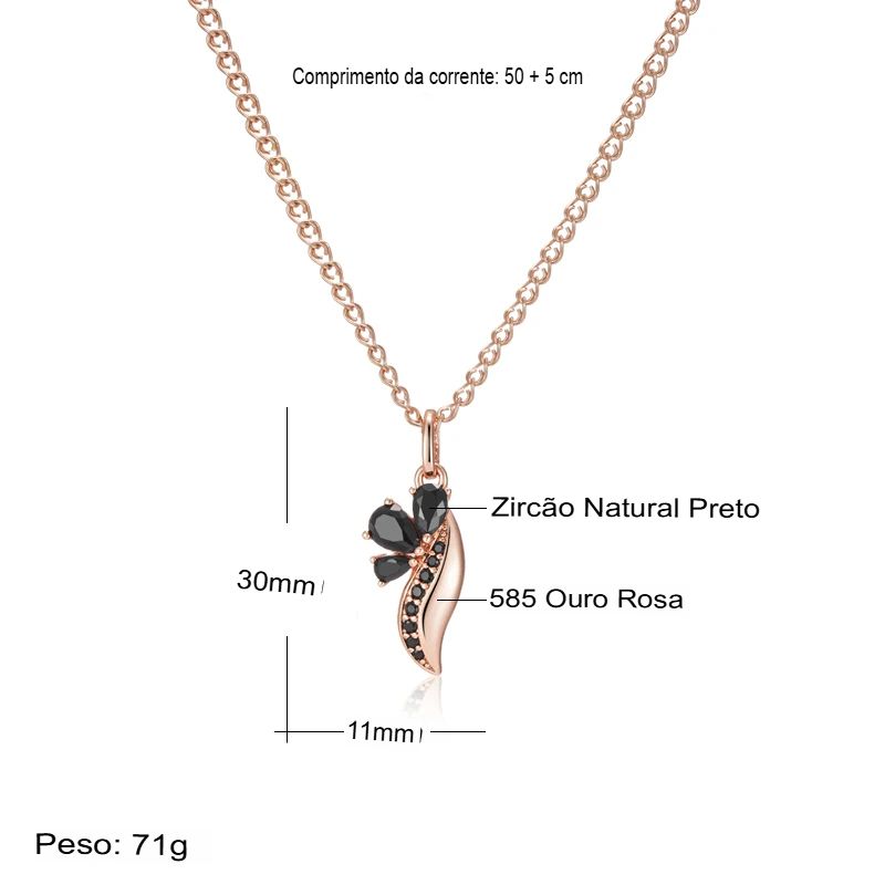 Colar Feminino Cobre Flor Ônix Folha Zircônia Preta Ouro Rosé 585