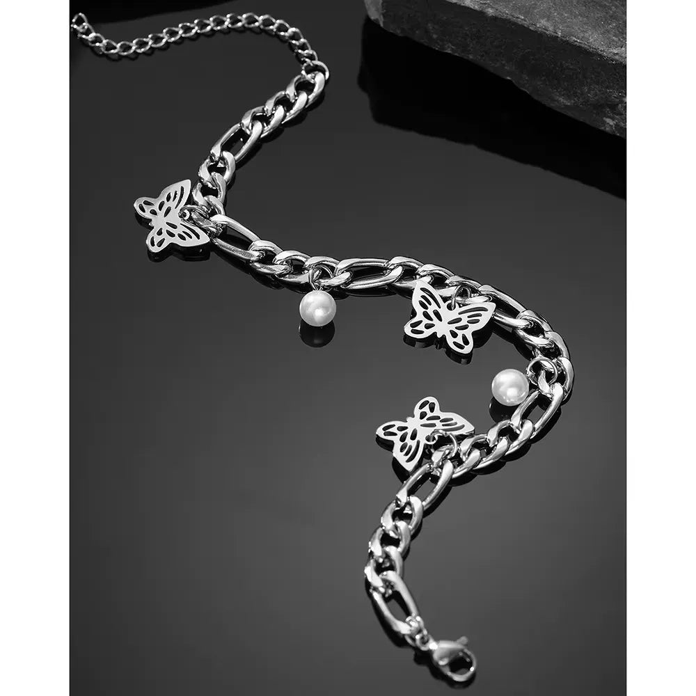 Pulseira Feminina Borboleta Pérola Em Aço Inoxidável