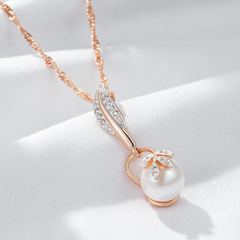 Colar Feminino Cobre Folha Pavê Pérola Branca Ouro Rosé