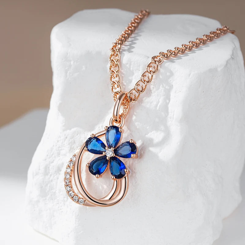 Colar Feminino Cobre Flor Safira Azul Pear Argola Pavê Ouro Rosé 585