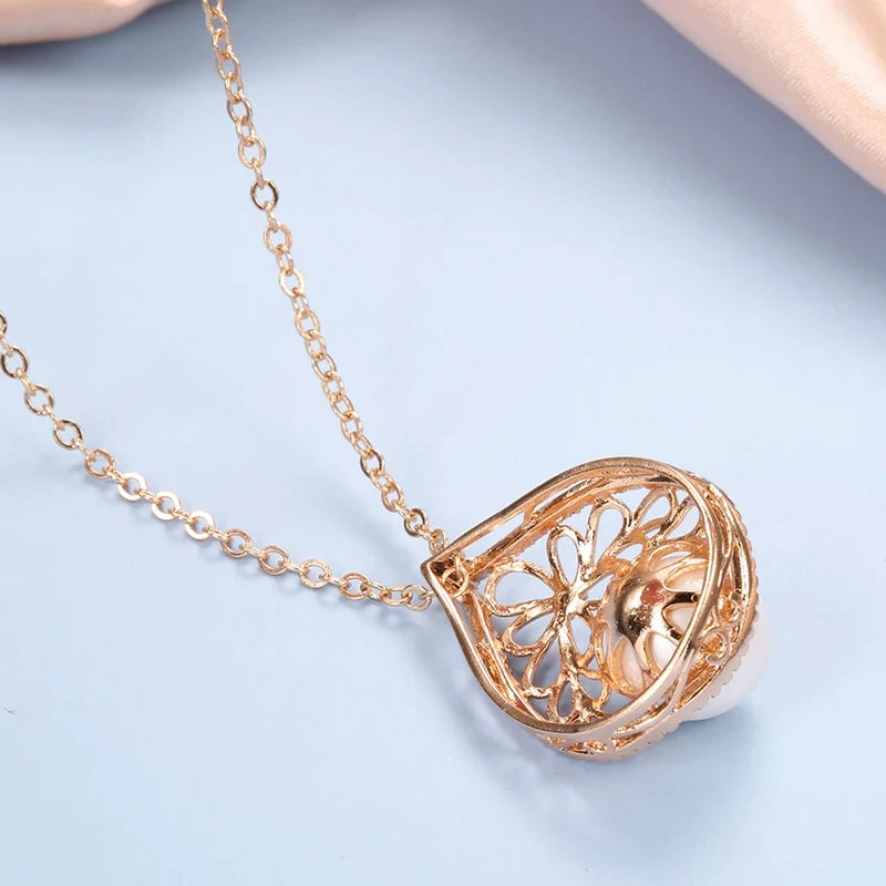 Colar Feminino Cobre Pérola Gota Filigrana Floral Pavê Zircônia Ouro Rosé 585