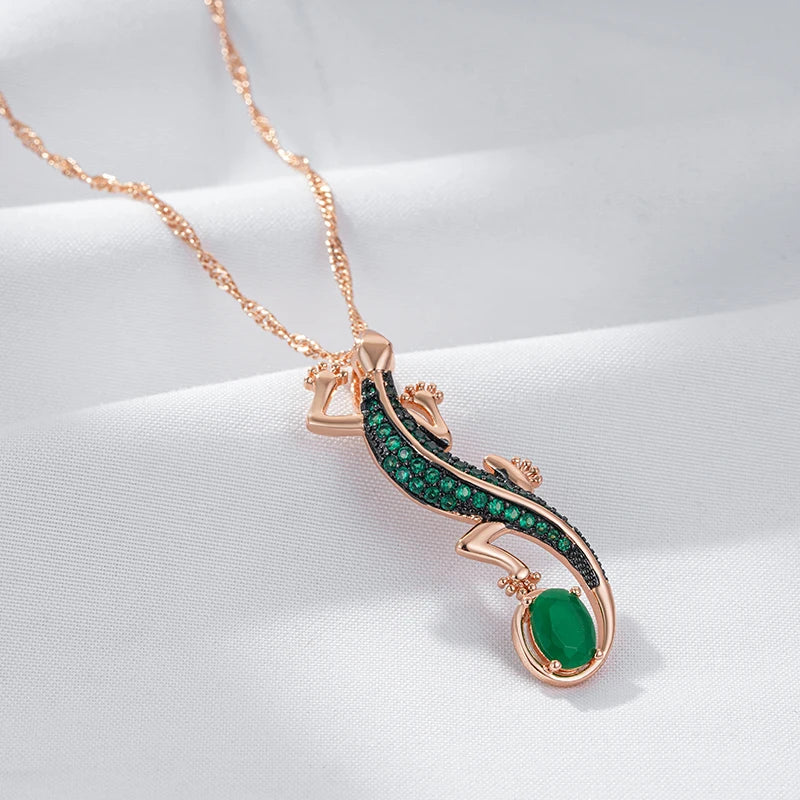 Colar Feminino Cobre Lagarto Esmeralda Zircônia Verde Ouro Rosé 585