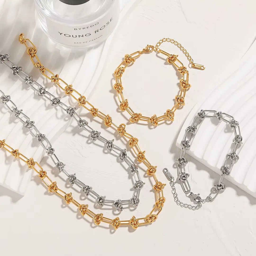 Kit Colar Feminino Corrente Nó Entrelaçado Em Aço Inoxidável