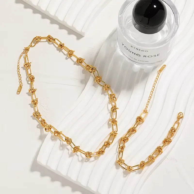 Kit Colar Feminino Corrente Nó Entrelaçado Em Aço Inoxidável