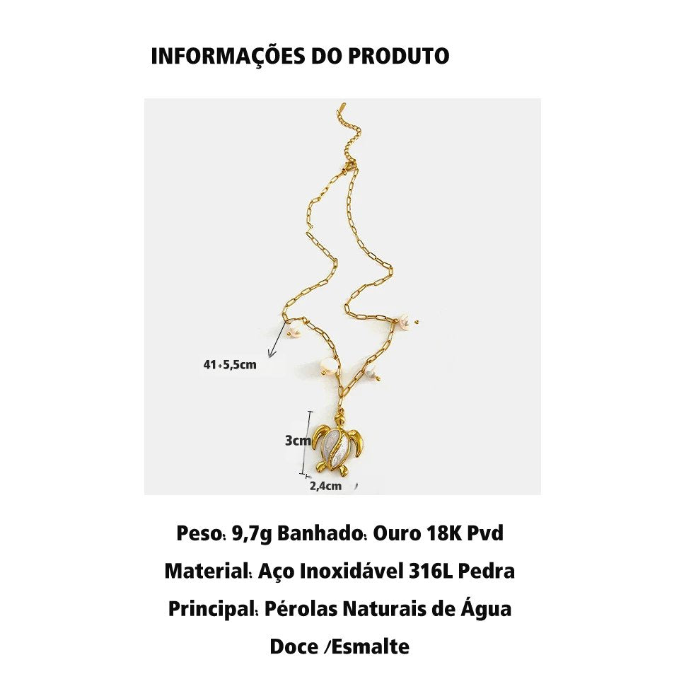 Colar Tartaruga Maré de Pérolas Aço Inoxidável 316L com Ouro 18K PVD