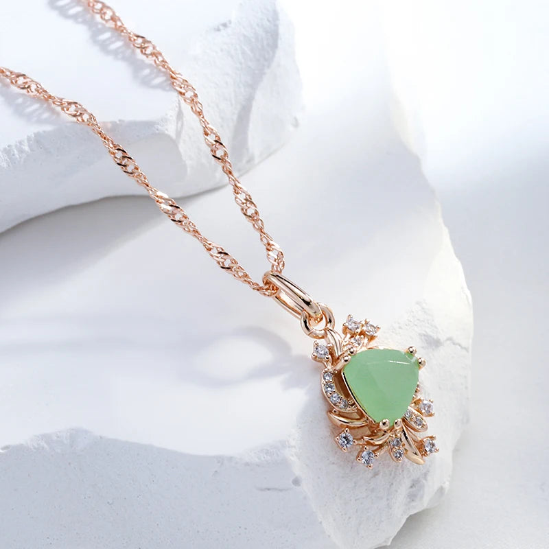 Colar Feminino Cobre Jade Triangular Moldura Floral Zircônia Verde Menta Ouro Rosé 585