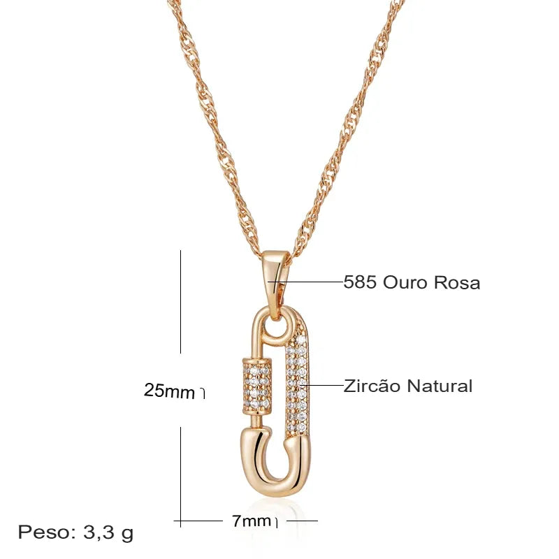 Colar Feminino Cobre Alfinete Zircônia Cristal Ouro Rosé