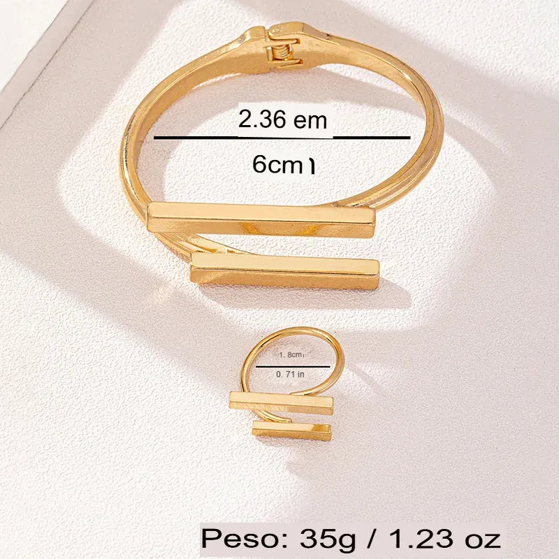 Kit Pulseira E Anel Feminino Geométrico Aberto Em Aço Inoxidável
