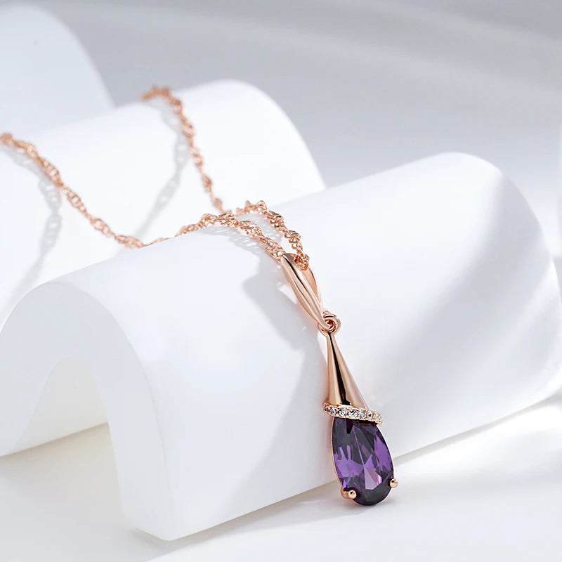 Colar Feminino Cobre Ametista Gota Bail Cônico Zircônia Meia-Lua Ouro Rosé 585