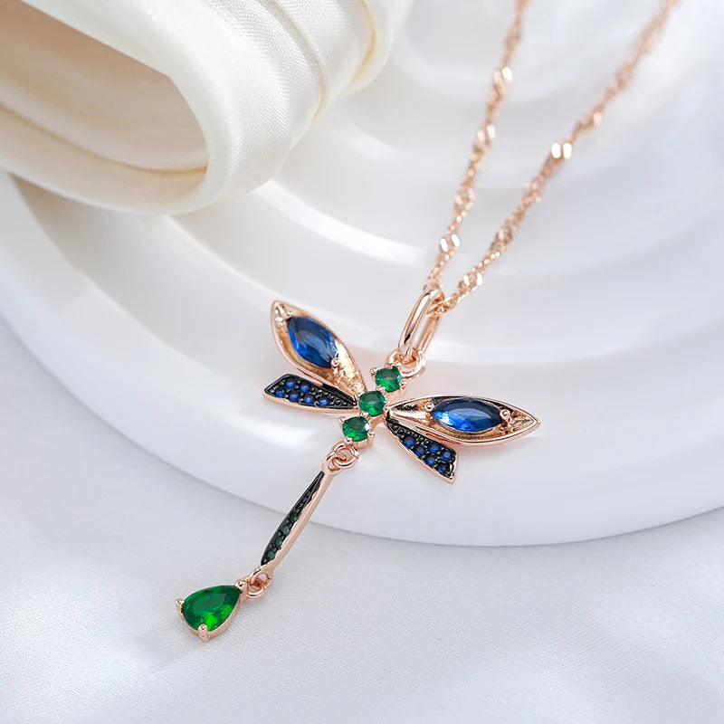Colar Feminino Cobre Libélula Safira Esmeralda Ouro Rosé 585