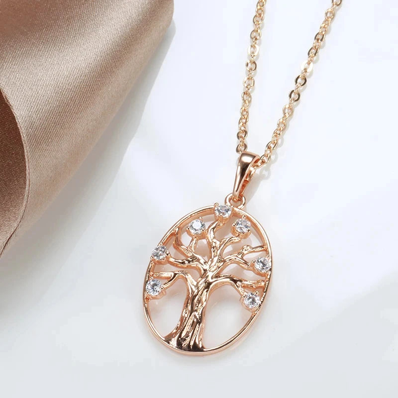 Colar Feminino Cobre Árvore da Vida Oval Zircônia Tronco 3D Ouro Rosé 585