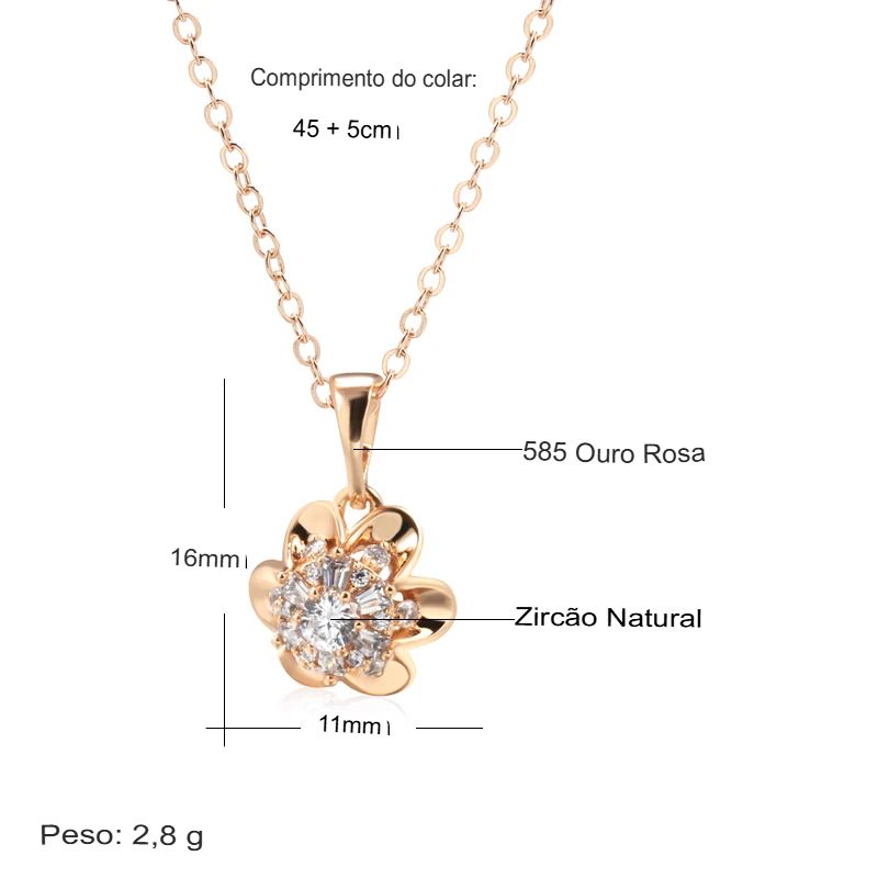 Colar Feminino Cobre Flor Halo 6 Pétalas Zircônia Baguete Ouro Rosé 585