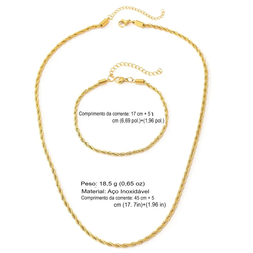 Kit Colar Feminino E Pulseira Torcida Em Aço Inoxidável