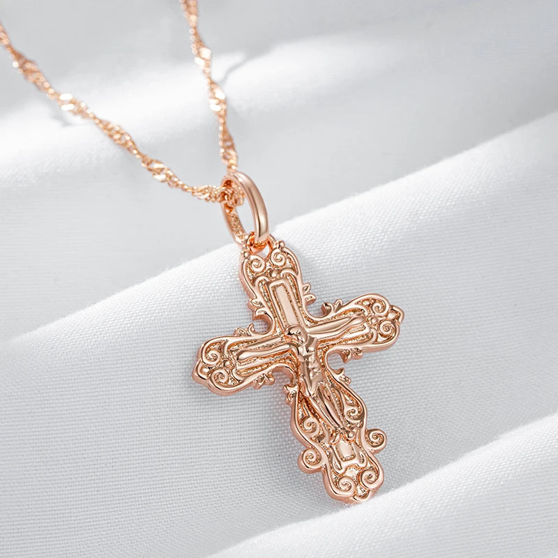 Colar Feminino Cobre Cruz Ortodoxa Barroca Arabesco Ouro Rosé